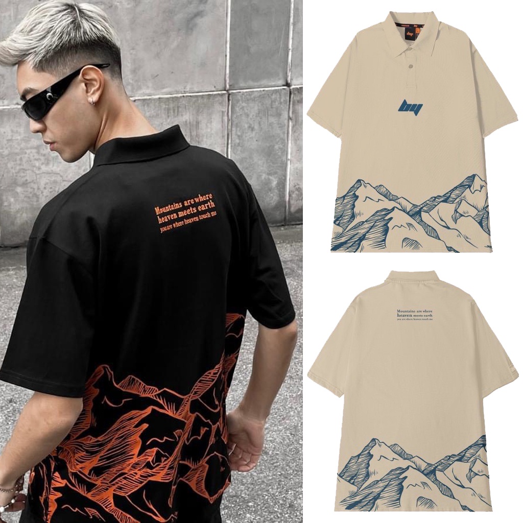 Áo polo local brand By Unispace tay lỡ form rộng unisex nam nữ cotton Mountains- JKLB2023