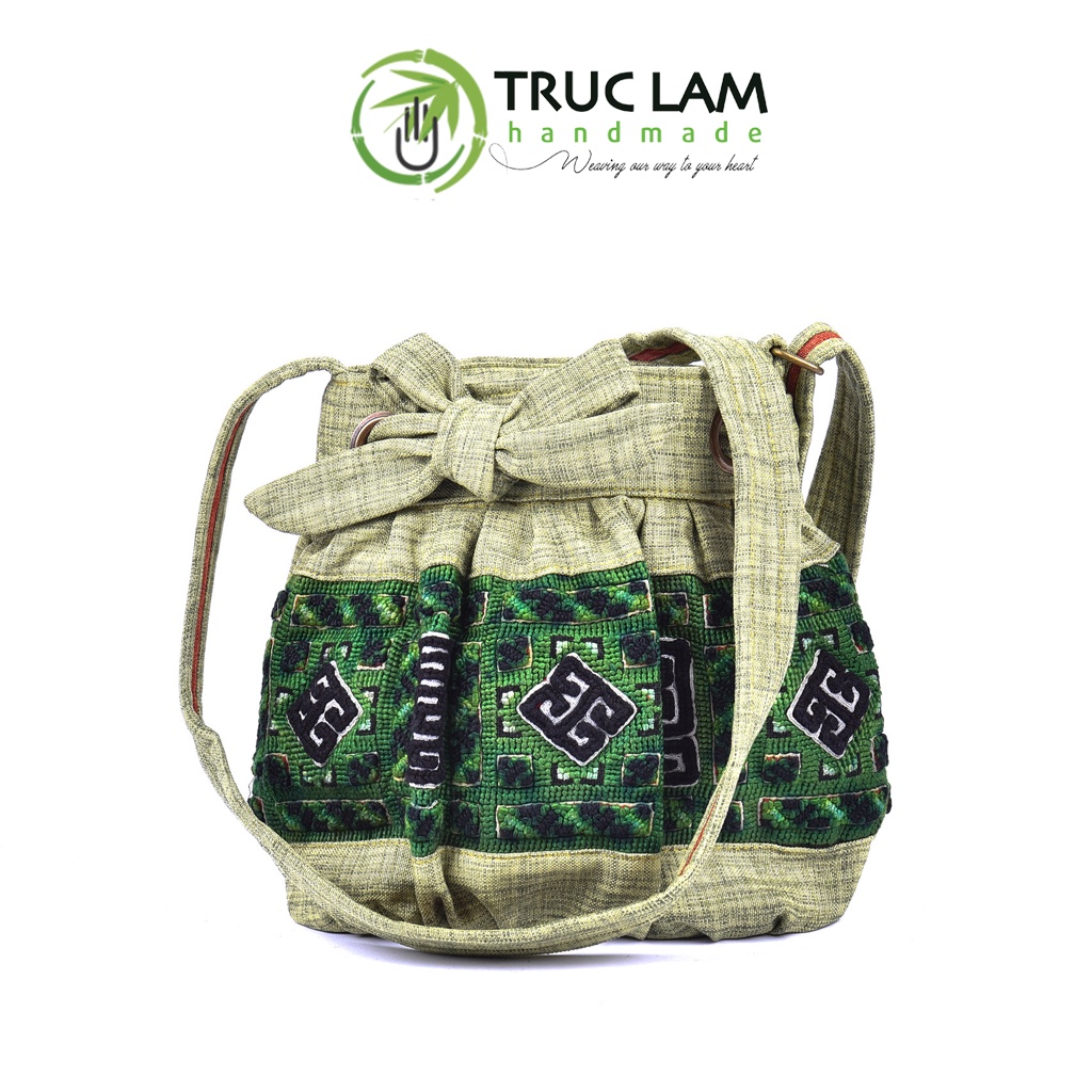 Túi Đeo Chéo Thời Trang Nữ Vải Gai Can Yếm Thổ Cẩm Cổ Thêu Tay Miệng Dây Rút Thắt Nơ DOCUTCT101 Trúc Lâm Handmade