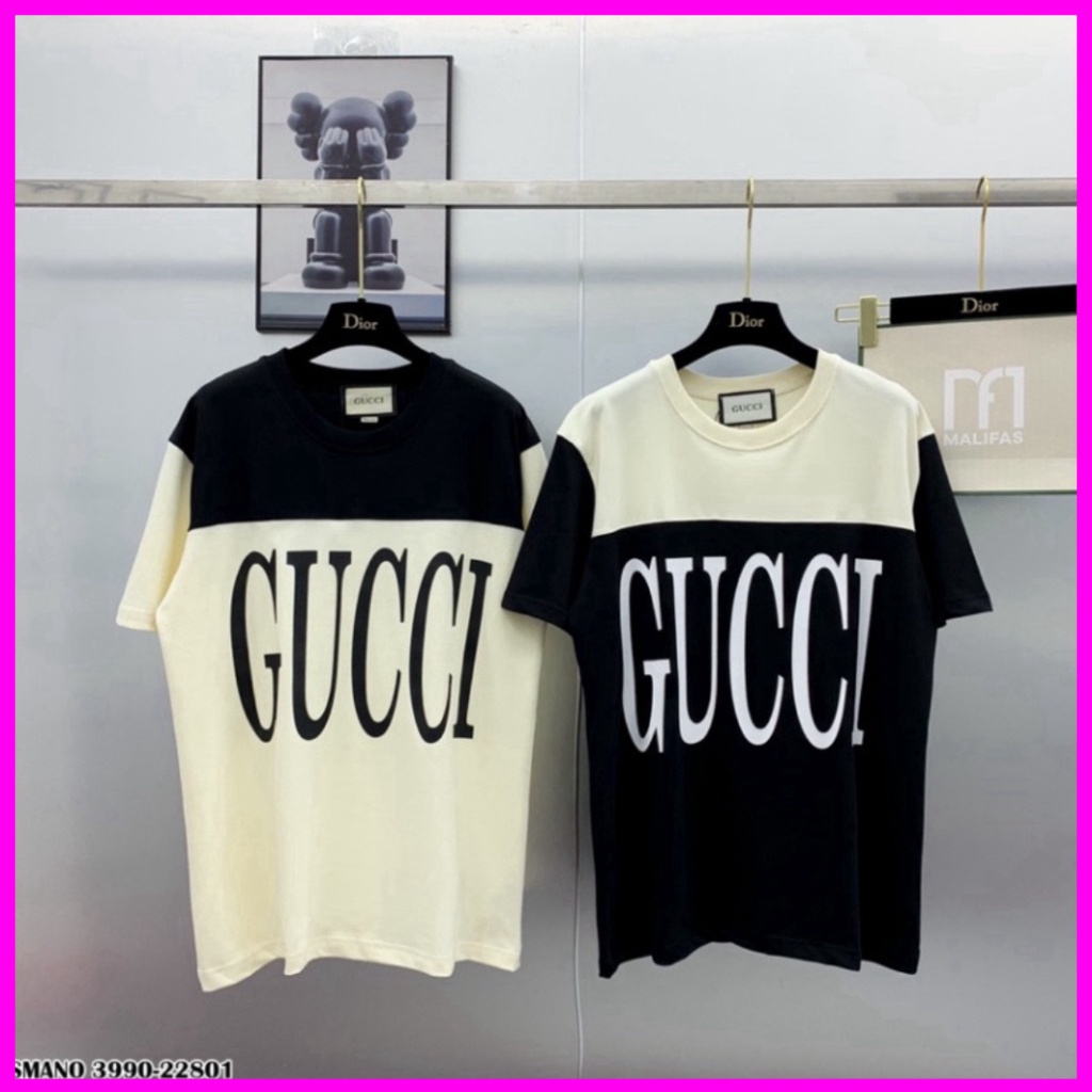 Áo phông nam nữ Premium Cotton pha màu đen sữa dập chữ GG trước ngực siêu sang Giá sinh viên