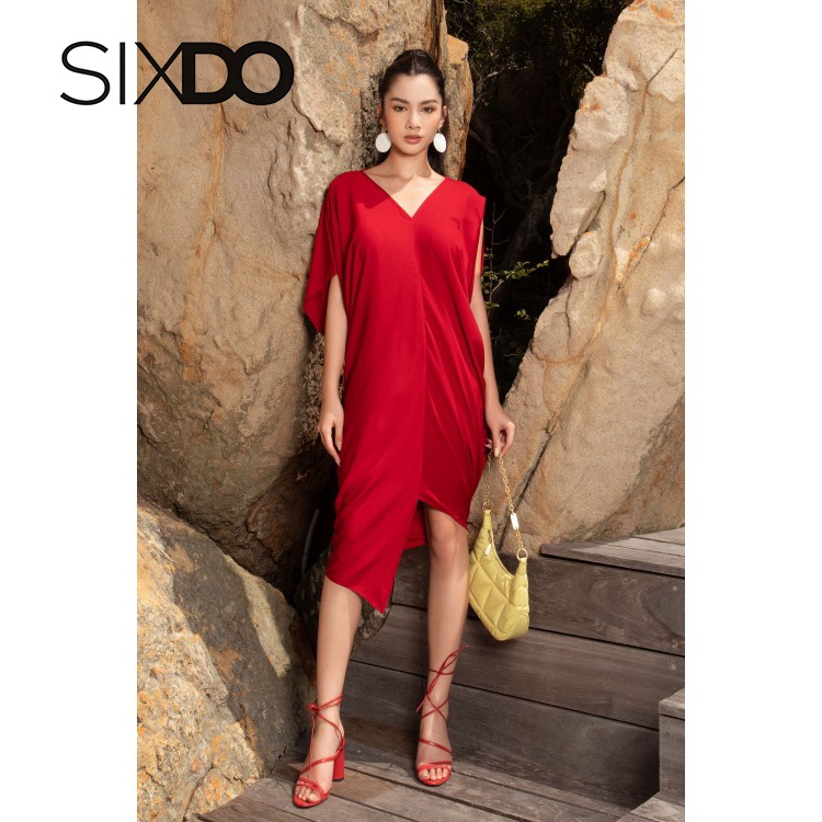 Đầm midi lụa đỏ cổ tim thời trang SIXDO (Drak Red Midi Silk Dress)