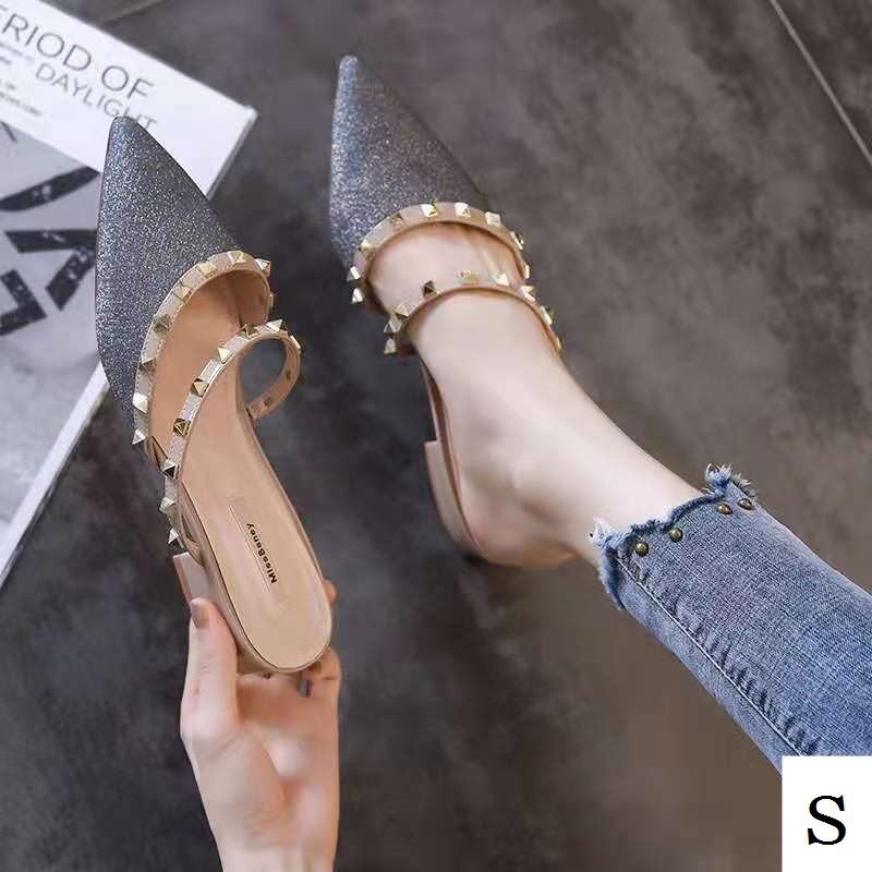 Dép Gót Thấp Mũi Nhọn Đính Đinh Tán Thời Trang Mùa Hè 2022 Cho Nữ
