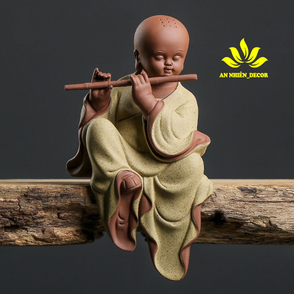 Tượng Chú Tiểu Ngồi Thổi Sáo 23x13cm - Trang Trí Tiểu Cảnh, Tượng Mini Để Bàn