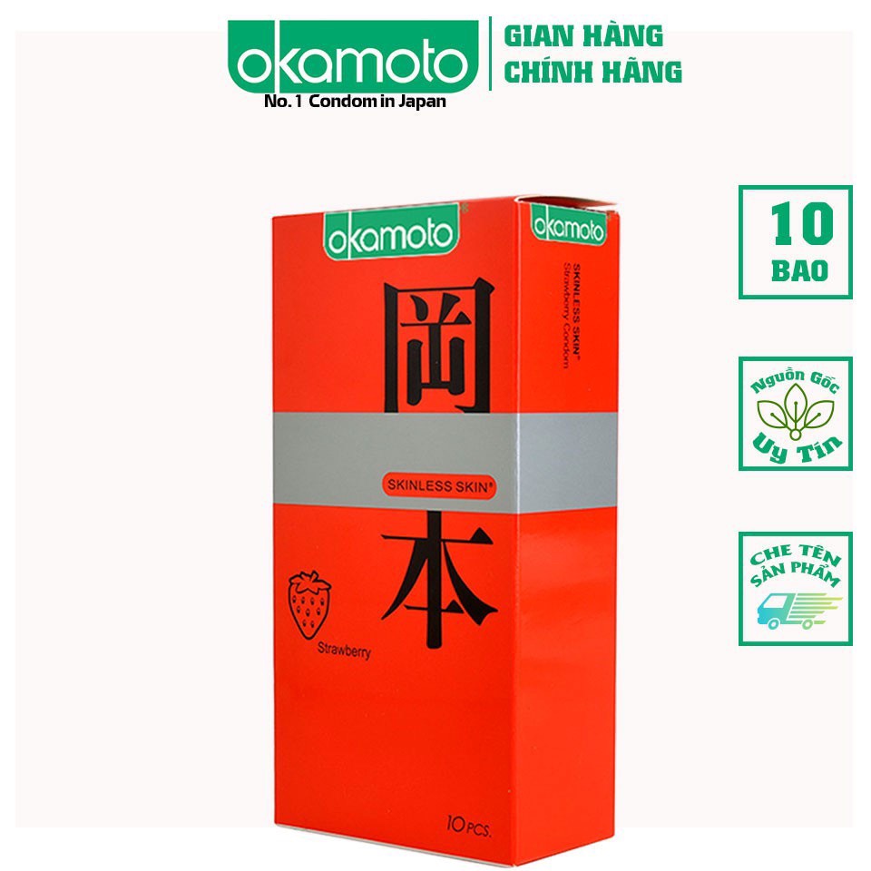 Bao Cao Su Okamoto Strawberry Nhật Bản - Siêu mỏng đột phá mới mẻ với hương dâu - Hộp 10 cái
