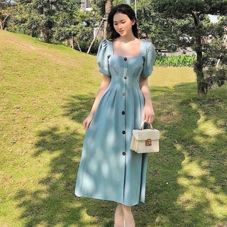 Đầm midi cổ vuông nút dừa 2 màu mint kem