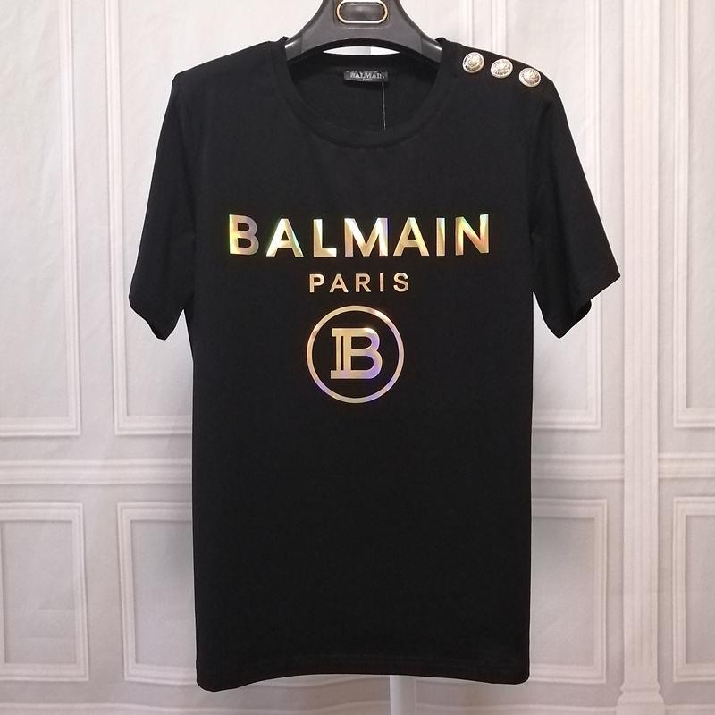 Balmain Áo Thun Tay Ngắn Dáng Rộng Cài Khóa Vàng Kim Sa laser Màu Sắc Tương Phản Cho Nam Và Nữ