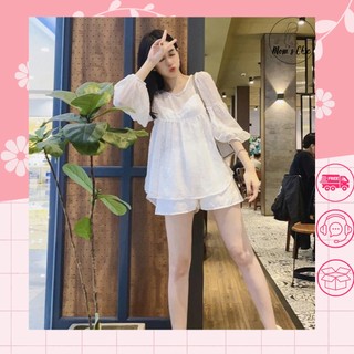 Bộ đồ bầu, sét đồ bầu dáng baby doll tay bo sang chảnh chất liệu tơ 2 lớp thoáng mát size 40-80kg