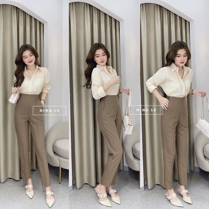Quần baggy lưng cao khoá trước cúc sườn phong cách công sở chất liệu tuyết mưa cao cấp