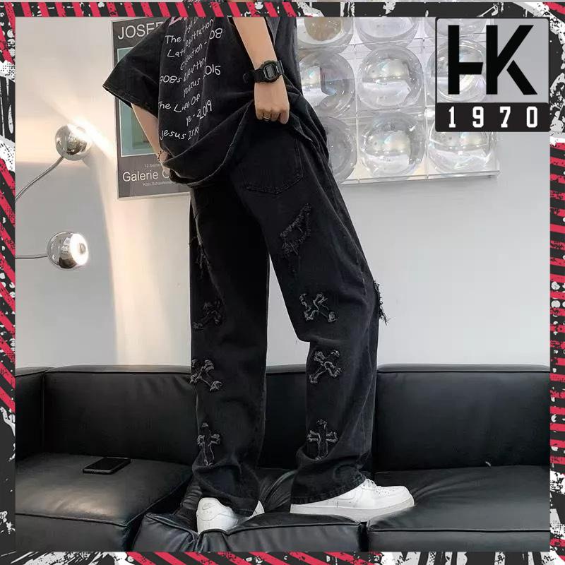 Quần jean nam baggy ống rộng quần bò nam thêu chữ thập phong cách hiphop Q007