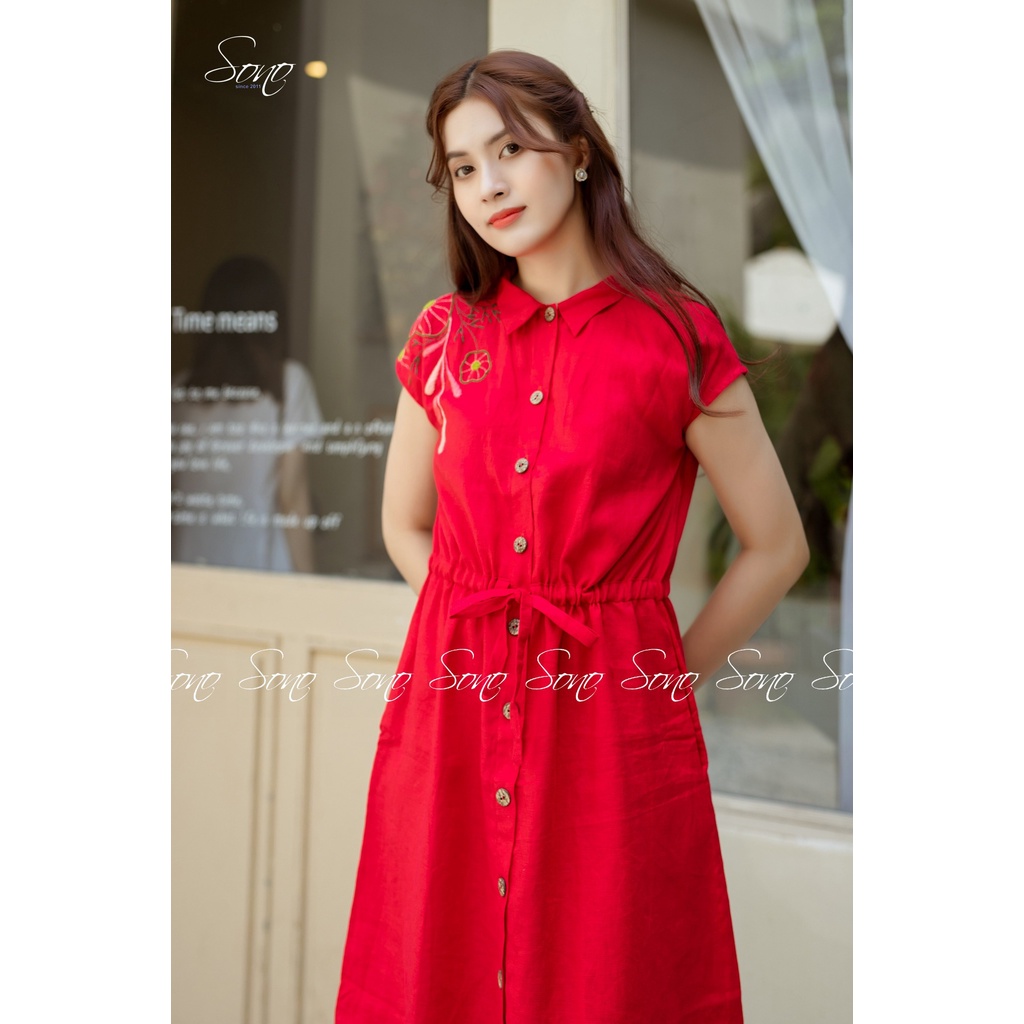 Sono - Đầm Linen Thêu Nơ Nhún Eo Mẫu Thiết Kế Mới Được Thêu Tay Trên Vai Duyên Dáng