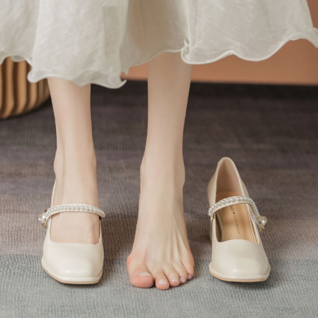 Giày da Pháp Mary Jane nữ giày cao gót cổ điển gót chân thô giầy lolita nữ