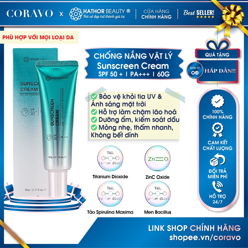 Kem chống nắng Sunscreen Cream Hathor Beauty 60g SPF50+ PA++++ 3 IN 1 Thấm nhanh, không bóng dầu, bết bí 60g - Coravo