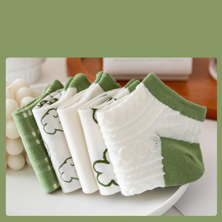 Set 5 đôi tất vớ cổ ngắn hoạ tiết dễ thương màu xanh lá