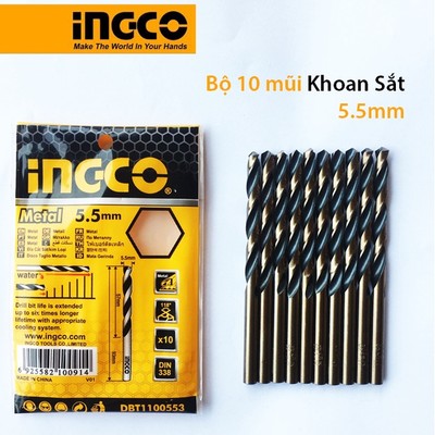Bộ 10 mũi khoan kim loại HSS Ø 5.5mm (sắt, thép, nhôm) Ingco DBT1100553 dài mũi 93mm chiều dài sử dụng 57mm
