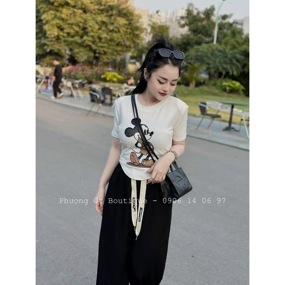 Set đồ bộ nữ áo thun tay ngắn hình mickey lai bầu phối quần dài ống rộng bốn màu chất thun gân thoáng mát