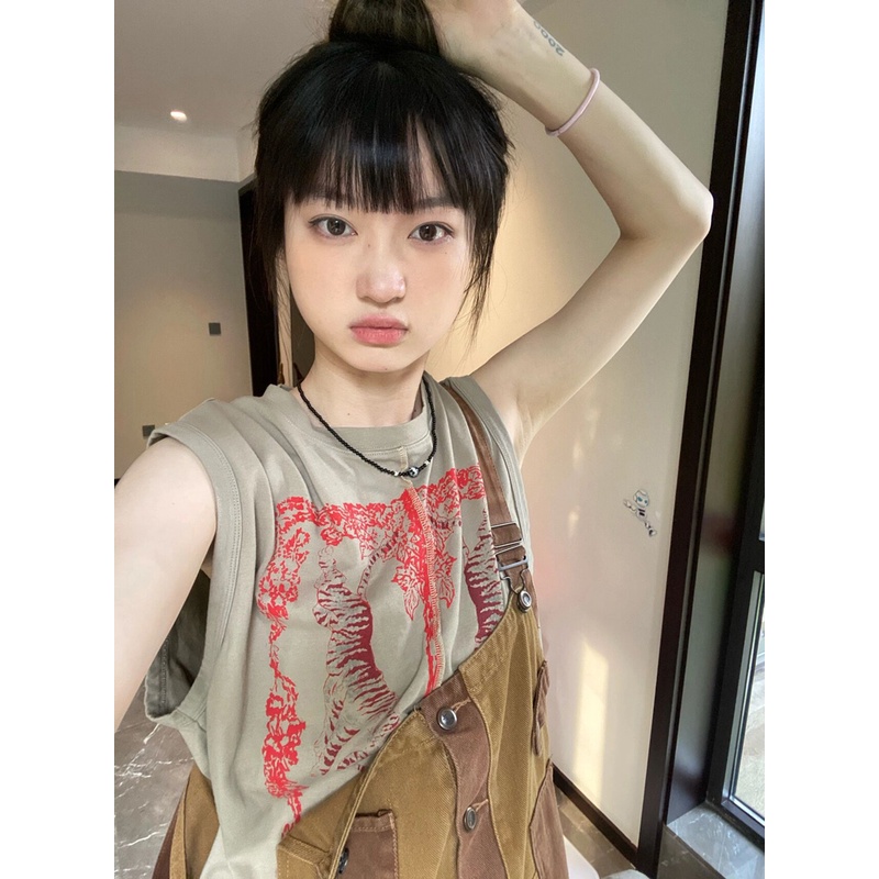 Ethelgirl Áo Thun Sát Nách Dáng Rộng In Họa Tiết Kiểu Retro Hàn Quốc Cá Tính Cho Nữ