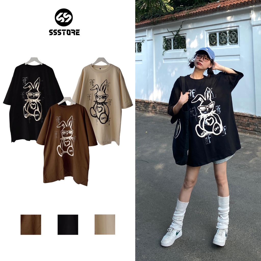 Áo thun cổ tròn cotton 100% 2 chiều THỎ LOVE form rộng nam nữ nhiều màu_SSSTore