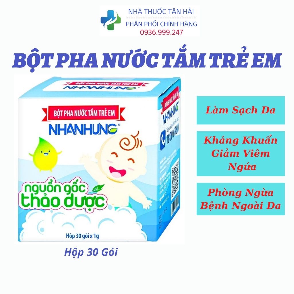 Bột pha nước tắm trẻ em Nhân Hưng, làm sạch da, kháng khuẩn, ngăn ngừa bệnh ngoài da ở trẻ em, Hộp 30 gói