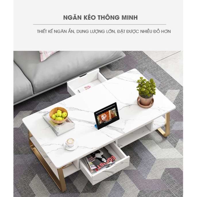 Bàn trà sofa phòng khách mặt gỗ họa tiết vân đá KT:100x50x42,Bàn uống nước 2 tầng khung thép chịu lực | BigBuy360 - bigbuy360.vn