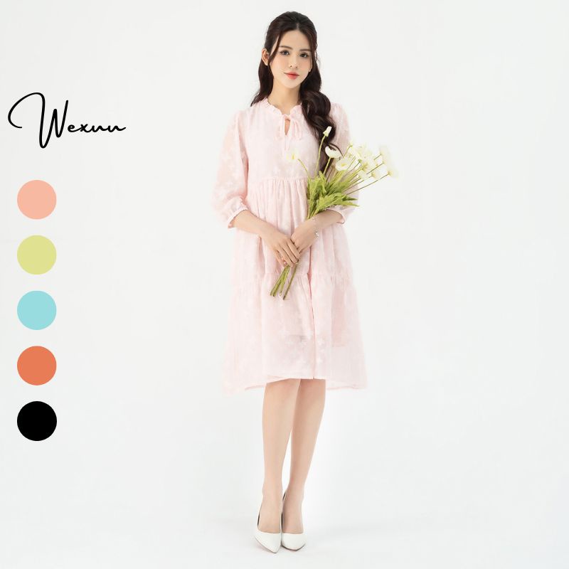 Đầm nữ babydoll cổ bèo buộc nơ Wexuu chất tơ hoa nổi cao cấp có lớp lót dáng xòe nhẹ nhàng - V21