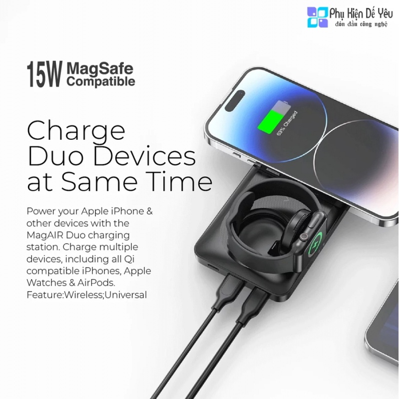 Pin sạc dự phòng không dây Mazer MagAir14 DUO Mag.S.a.f.e 15W + Sạc A,p.p.le Watch - 10.000mAh