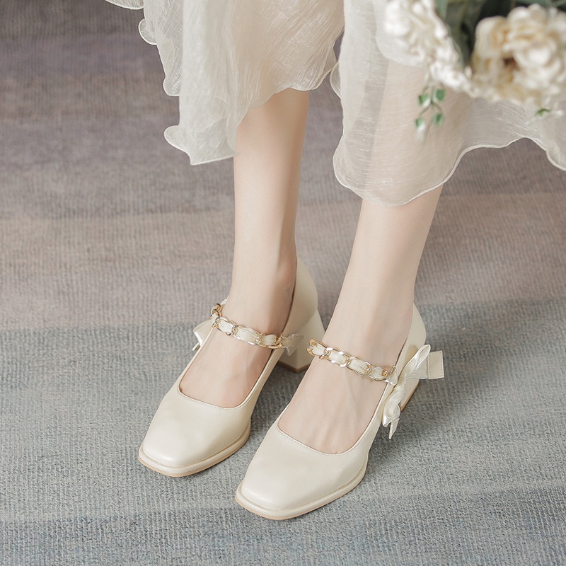 Giày Cao Gót Da Bóng Đính Nơ Lụa Bóng Kiểu Pháp Xinh Xắn Cho Nữ