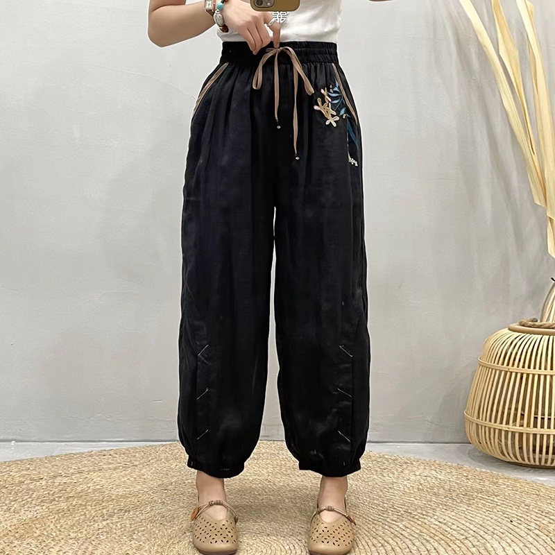 Quần baggy linen KAMAKA lưng thun thêu hoa hoa lá ống túm - NU8455