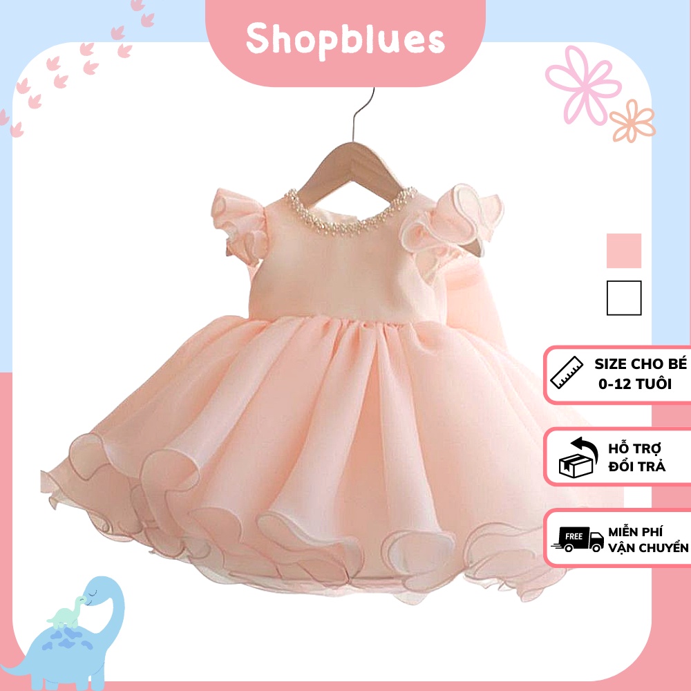 Đầm cho bé gái SHOPBLUES tay cánh tiên voan cao cấp màu hồng và trắng viền ngọc cực xinh cho bé từ 0-12 tuổi