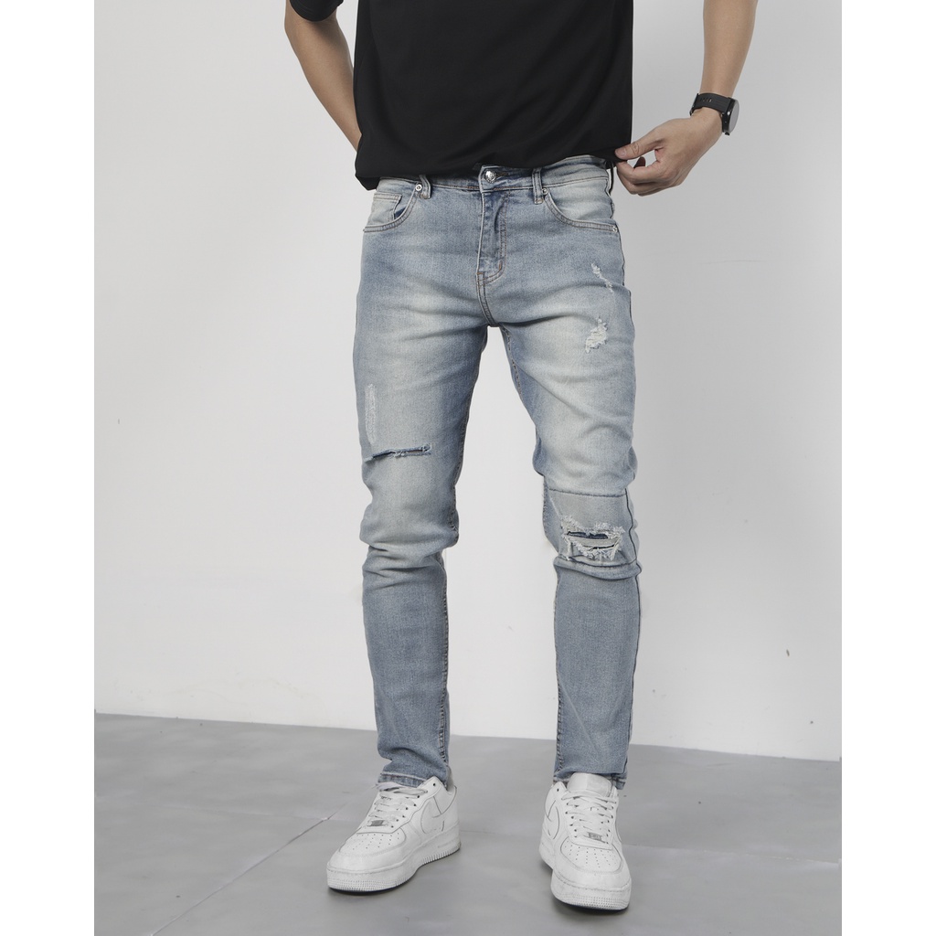 Quần jean nam rách skinny ripknee tape 04 Nigo co giãn ống ôm cao cấp