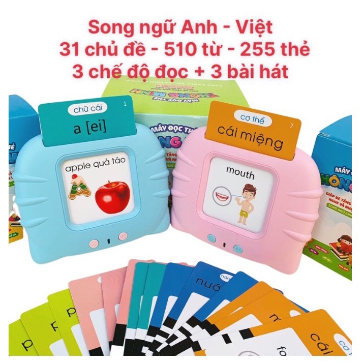 Máy đọc thẻ học thông minh song ngữ Anh-Việt, Máy đọc thẻ Tiếng Anh thông minh cho Bé từ 1-6 tuổi. Không sóng điện từ