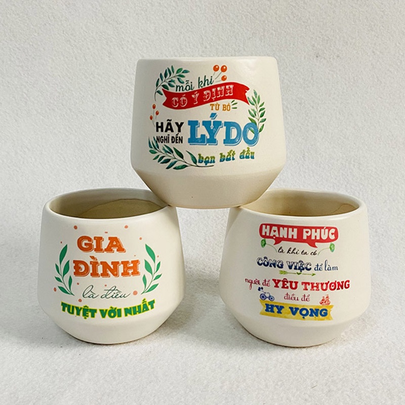  Combo 3 Chậu sứ VinaXinh trồng cây sen đá xương rồng cây cảnh mini để bàn in hình họa tiết - Mẫu chậu in hình chữ 