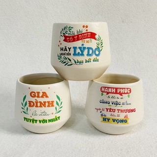 Combo 3 Chậu sứ VinaXinh trồng cây sen đá, xương rồng, cây cảnh mini để bàn in hình họa tiết - Mẫu chậu in hình chữ