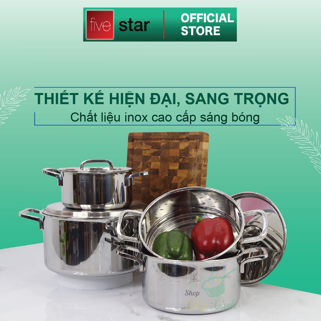 Bộ nồi 3 lớp đáy liền inox 304 Fivestar Plus nắp inox ( nồi 16cm &amp;1 bộ nồi xửng 20cm &amp; 1 nồi 24cm )