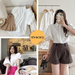 Áo sơ mi kiểu cổ đức phối khuy ngọc tay bồng xinh xắn
