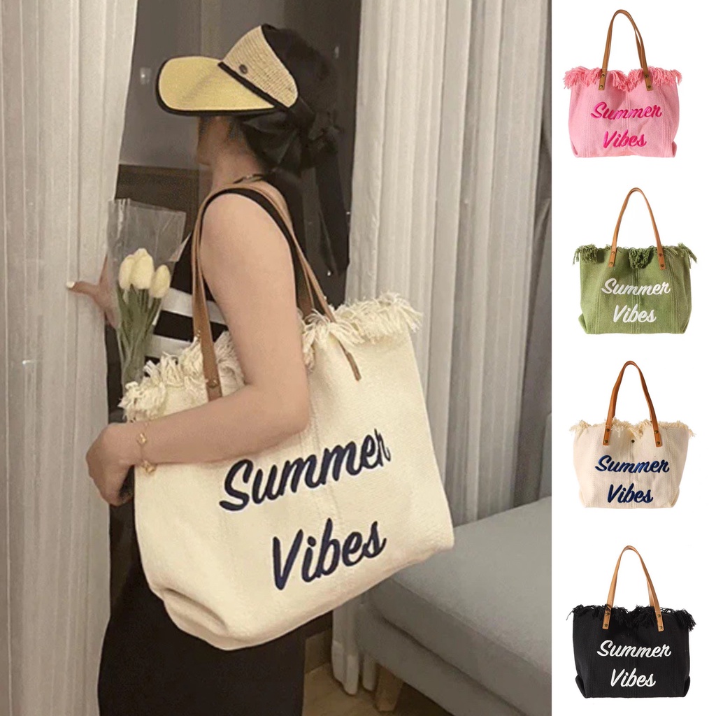 Túi tote Summer Vibes Vải Canvas Quai Da Size To Đi Biển | BigBuy360 - bigbuy360.vn