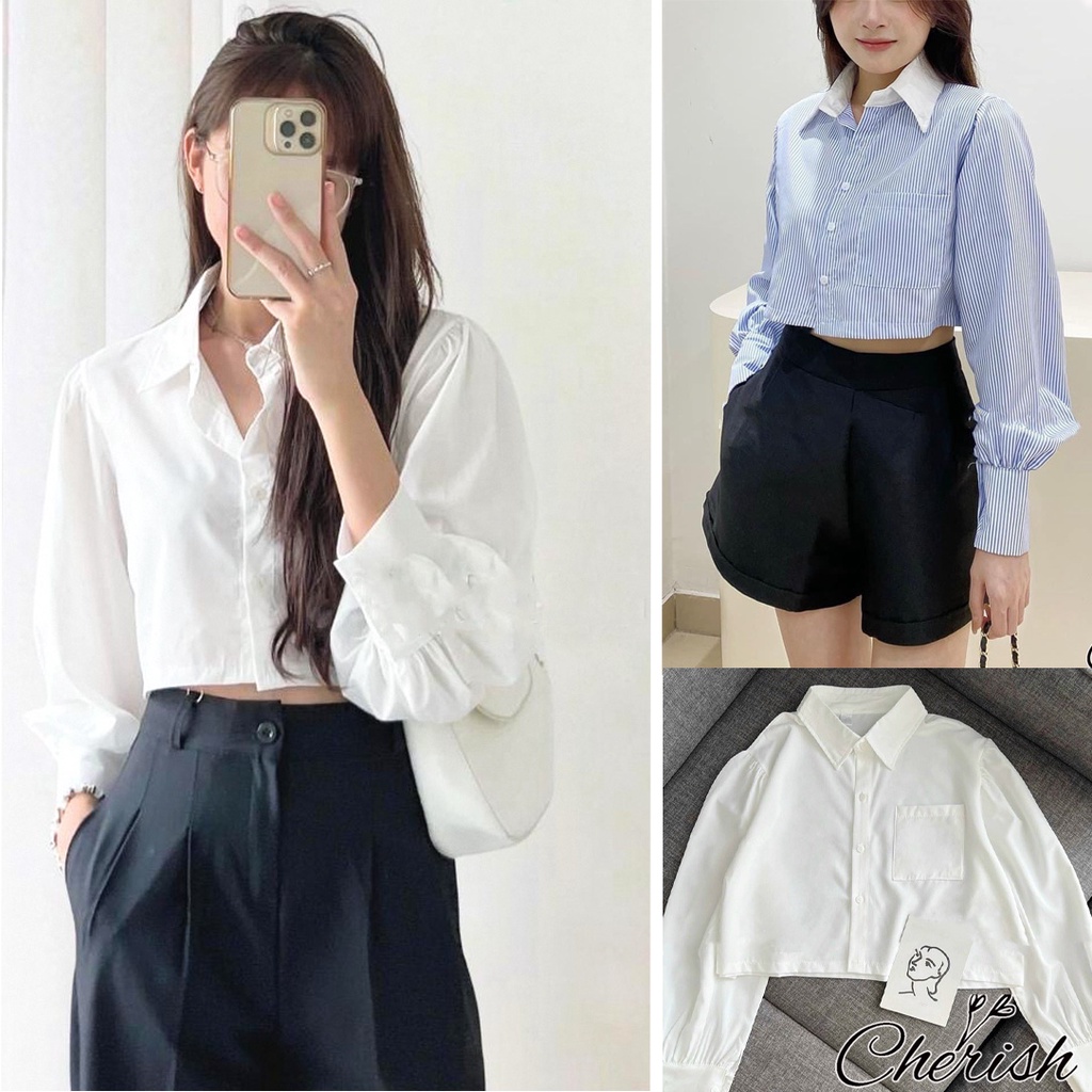Áo sơ mi croptop nữ tay dài, áo sơ mi kẻ sọc dáng ngắn tay phồng màu trắng Ulzzang Hàn Quốc CHERISH - AS01