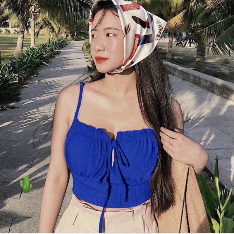 Áo croptop nữ dáng ôm thắt nơ có đệm ngực, áo 2 dây tiểu thư dễ thương