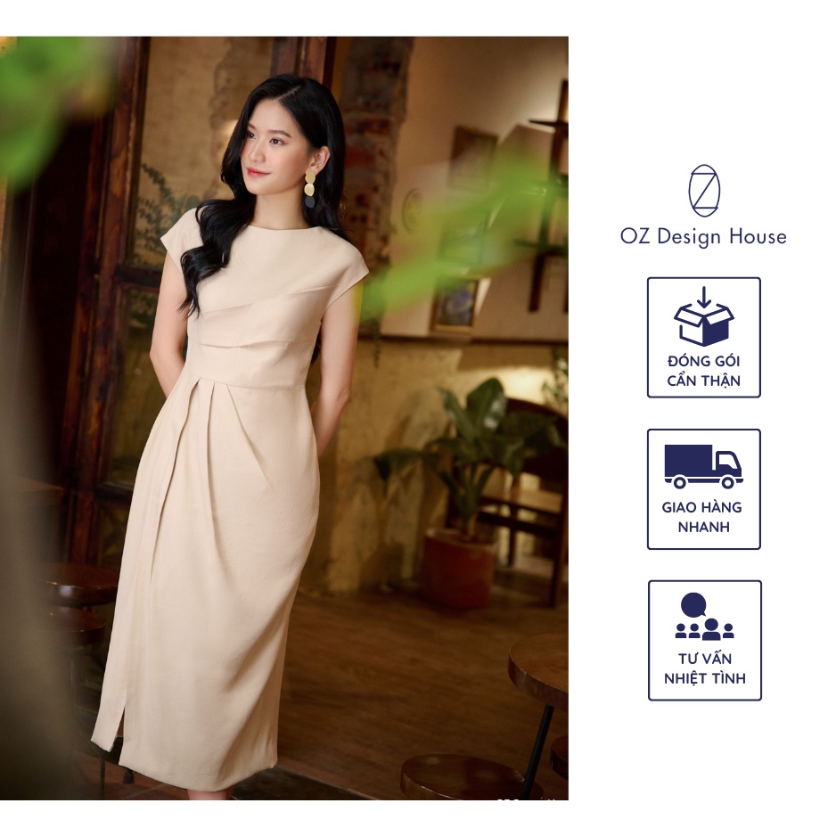 Đầm công sở nữ OZ Design House DA07149SUM23 thô chéo cổ thuyền dáng eo thiết kế bất đối xứng màu be