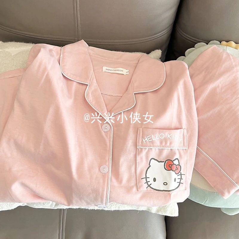 Bộ Đồ Ngủ Tay Ngắn In Hoạt Hình Hello Kitty Phong Cách Nhật Bản Thời Trang Mùa Hè 2023 Cho Nữ