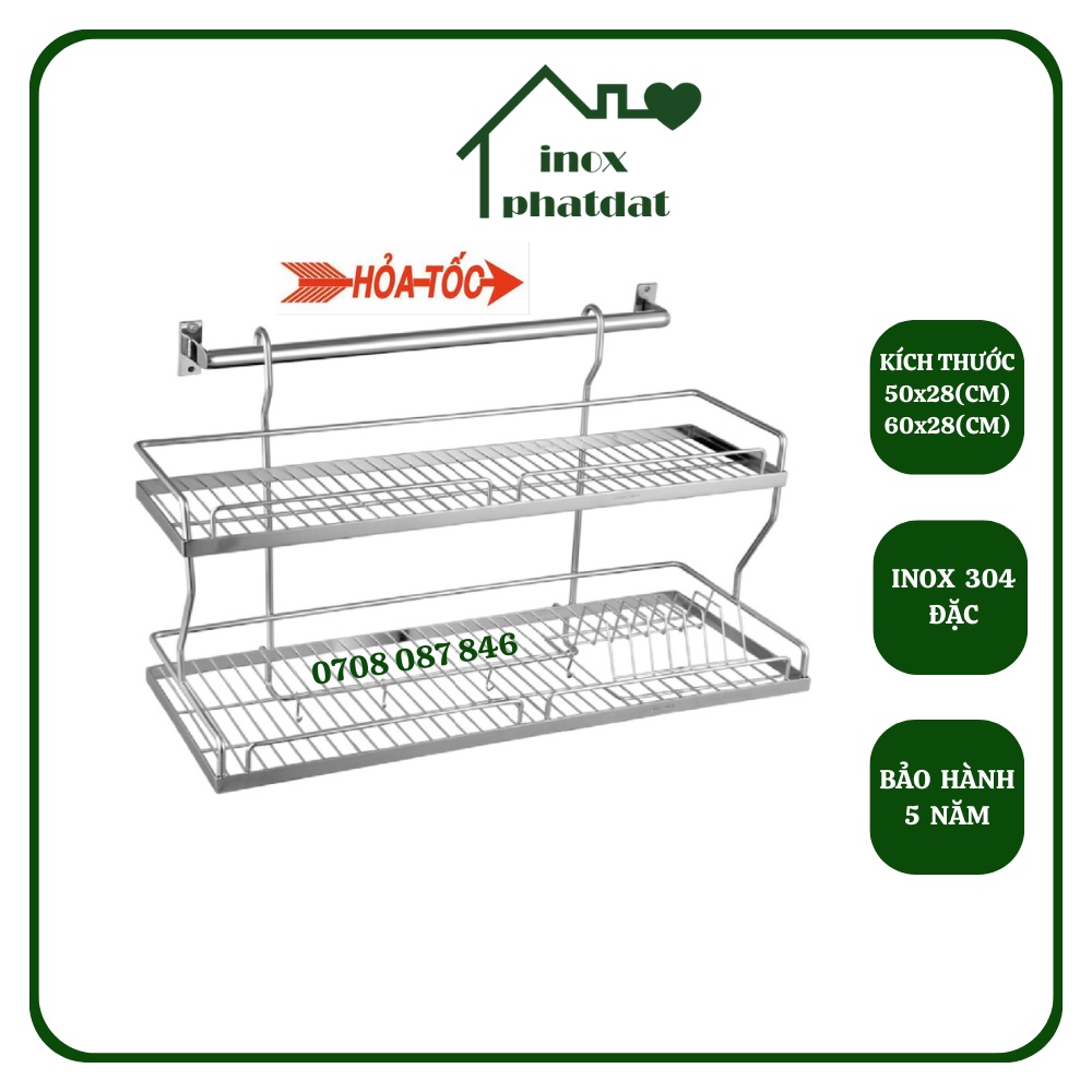 Kệ chén 2 tầng treo tường Inox 304 PHÁT ĐẠT (Dài 50cm/ 60cm), rổ úp chén 2 tầng, giá để bát, kệ đựng bát dĩa (SP115)