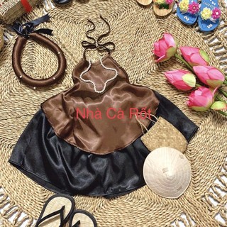 Set yếm đào lụa loại 1 màu nâu đơn giản cho bé gái kèm mấn