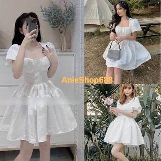 Đầm gấm cổ vuông tay bồng ,xếp ly ngực 2 lớp ,váy công chúa tay bồng dáng xoè bèo tầng phong cách tiểu thư hàn quốc ANIE