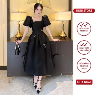 V301 - Đầm thiết kế RUBI FASHION dáng xoè dài tay bồng cổ vuông chất tafta phồng đính nơ đá cao cấp