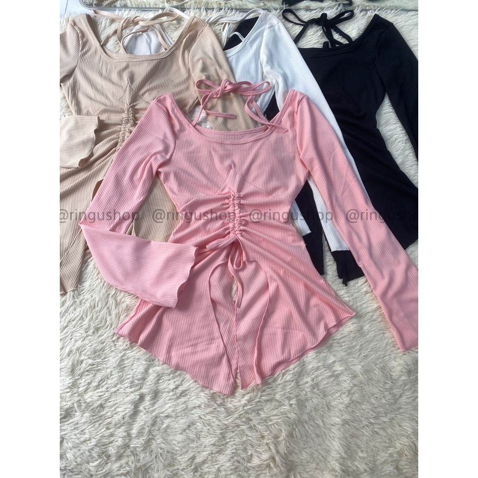 [Mã TOPADD giảm đến 20k đơn 150k] Áo thun body nữ rút eo kiểu tay loa dây chéo cổ chất thun gân- ringu shop | BigBuy360 - bigbuy360.vn