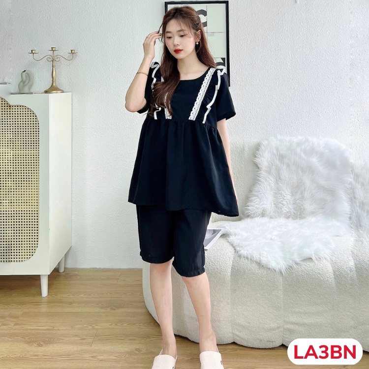 Bộ Đồ Bầu Larosa Ngắn Tay Chất Đũi Mềm Mịn Thấm Hút Mồ Hôi Phối Ren Trước Ngực Cho Mẹ Bầu Và Sau Sinh LA3BN