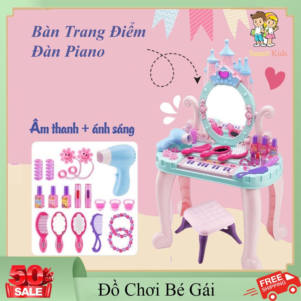 Đồ chơi trẻ em bàn ghế trang điểm lâu đài công chúa kết hợp đàn piano. Món quà hoản hảo cho bé gái.