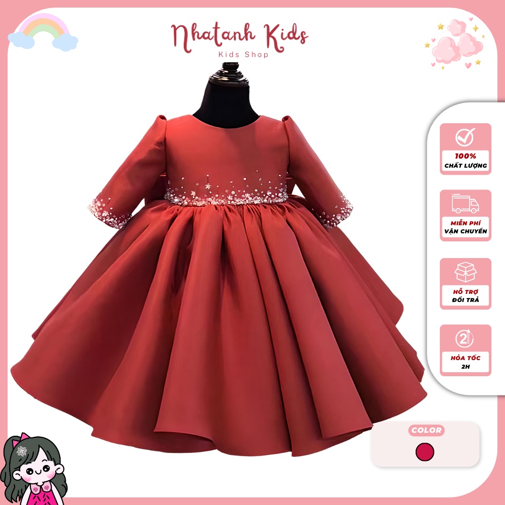 Váy trẻ em NHATANH KIDS màu đỏ tay dài đính ngôi sao cho bé hợp các dịp lễ từ 0-12 tuổi NA13