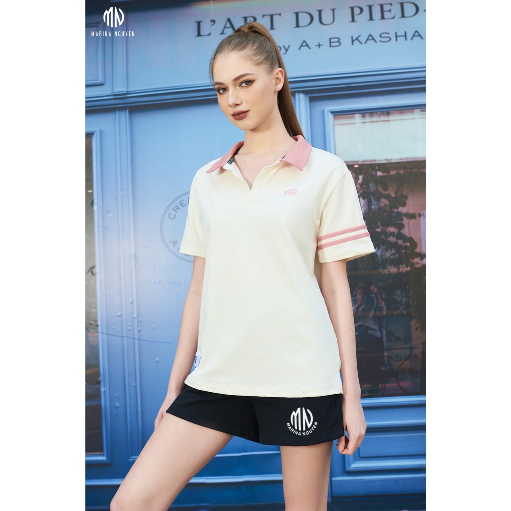 Áo phông hè thời trang MARINA NGUYỄN Thiết Kế Cổ bẻ, phối cổ và tay áo, Vải cotton 123-014