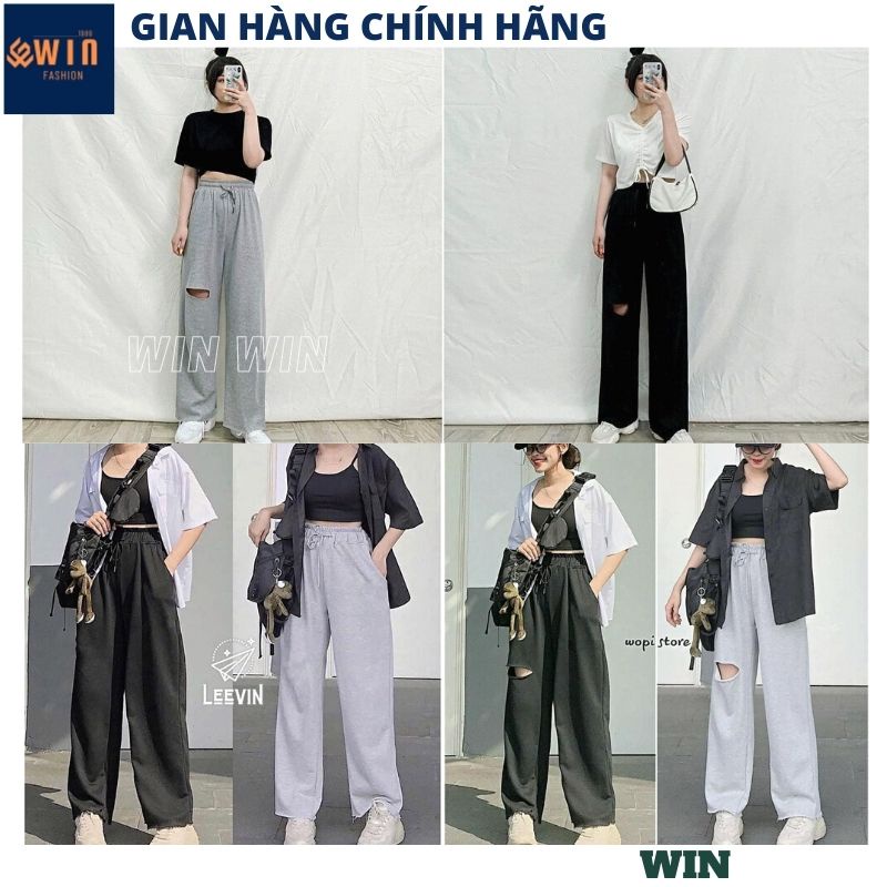 Quần ống rộng vải 2 màu đen xám Nam Nữ, Quần nỉ Cạp Cao Thun Dài Rách Đùi Unisex kiểu dáng thể thao - WIN
