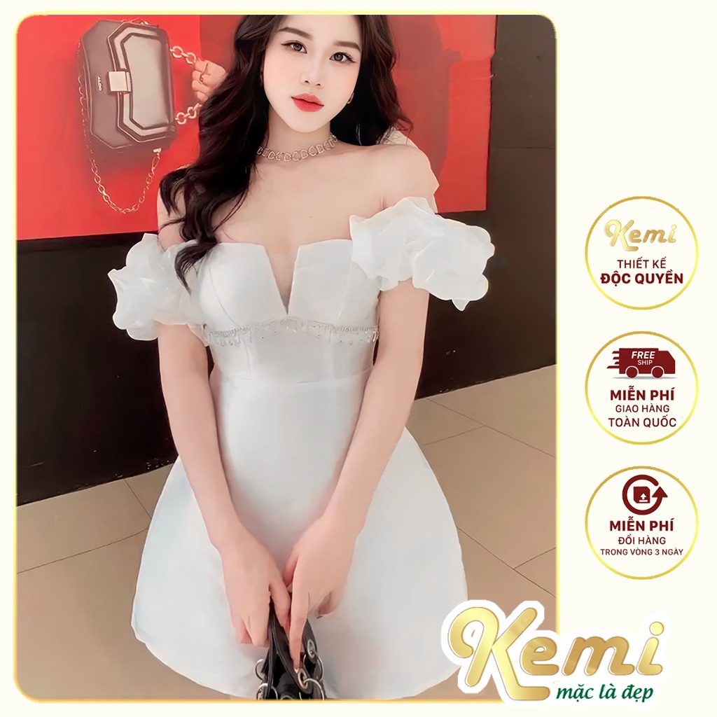 Váy trễ vai xẻ ngực lưới đính đá tòn ten tay bèo rớt vai Kemi đầm xòe Tafta cao cấp dự tiệc sang chảnh