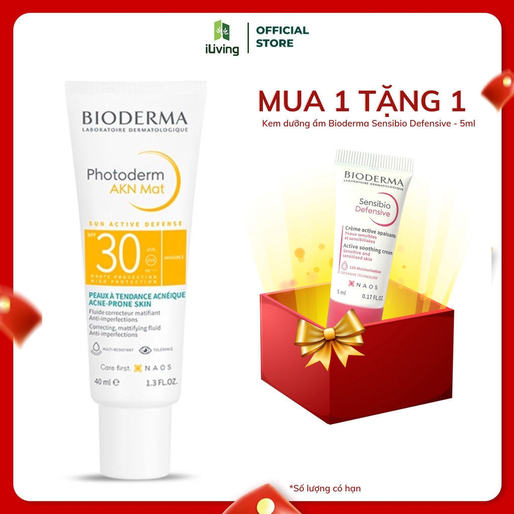 Kem chống nắng cho da hỗn hợp và da dầu Bioderma Photoderm AKN Mat SPF30 40ml và 5ml ILIVING-BIOKCNGBNSPF30